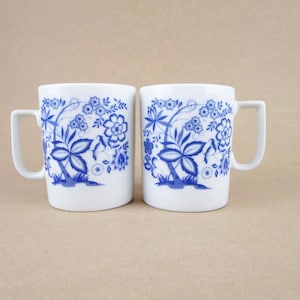 Vintage Blue Onion Pattern - Two Mugs - Japan - Collectible and Usable - Cobalt Blue on White - 6 Oz. Mugs - Porcelain