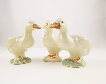 Three Shawnee Duck Planters - 4 1/2" Tall Duck Planters Cream-color With Orange, Black and Green Detailing - Unmarked