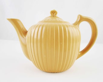 A 'Fraunfelter China' Teapot - Melon Yellow Teapot  - Made in the U.S.A. - Teapot - Ridged Teapot - Collectible - Thumb Hold Teapot