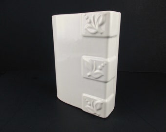 Ivory Trapezoid Vase - Gloss Off-White Ceramic - Ceramic Vase - Embossed Flowers - Multi-tasking - White on White - Mix and Match