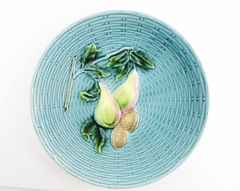 German Majolica Plate by Georg Schmider of Zell -  9" Concave Plate/Bowl - 'Pears and Nuts' Pattern - Teal - Zell-Baden