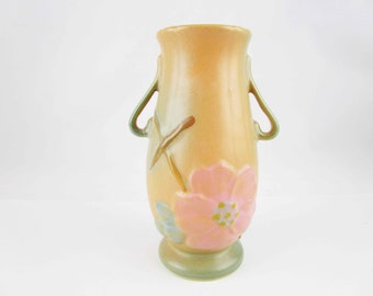 Vintage 'Weller' - 'Wild Rose' Vase - Weller Pottery - Salmon Pink w/ Green - Reverse Handles - Footed Vase With Small Opening - 6 1/2" Tall