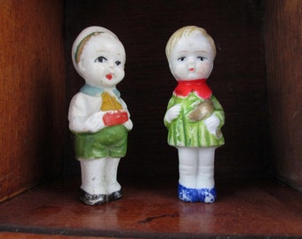 Two Bisque Hand-painted Little Boy Sailors - Sailboats - Porcelain From 'Japan' - Collectibles Green and Orange Outfits - 2 3/4" Dolls