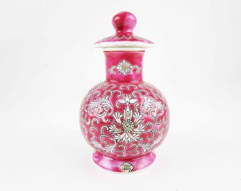 Vintage 'Famille Rose Porcelain' Lidded Jar - Small Container With Two Spouts - 4 1/2" Tall - 4 oz.  - 'Made in China' - Bat - Enameling