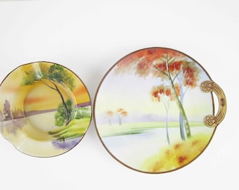 CHOICE - 'Nippon' Hand-Painted Porcelain - Plate With Fall Trees and Open Handle - OR - Ashtray With Summer Trees - Hand-painted Porcelain