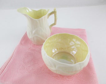 Irish 'Belleek' Creamer and Sugar Bowl - 'Lily' Pattern - Eggshell Porcelain - Green 4th Mark - Delicate Creamer and Open Sugar Bowl