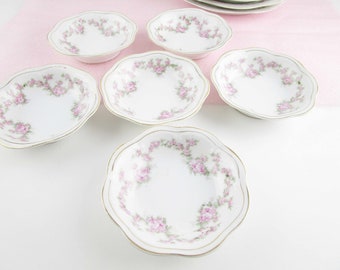 Six Berry/Sauce Bowls - by Z.C. & Co., Bavaria - 'Mignon' Pattern - Pink Rose Swags - Gold Rimmed Scallop Edges - Porcelain Transferware