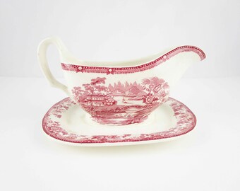 Vintage Gravy Boat With Underplate - 'Tonquin' Royal Staffordshire - Clarice Cliff Design - Made in England - Wine Red/Pink