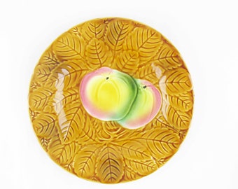 French 'Majolica' Plate - Two Peaches - 'Salins Les Bains' - Made in France - Caramel Color - Leaf Background - Yellow, Pink and Green Fruit