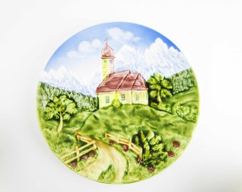 German 'Majolika' Plate - Schramberg 'SMF' Handgemalt  - Made in Germany - Scene With Contoured Surface - Path, Trees, Church and Mountains