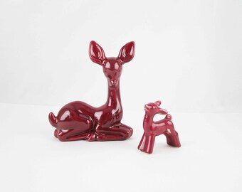 Deer - Mother and Baby - Art Deco Design - Maroon Ceramics - The Sweetest Poses - Beautifully Colored Wine Red - High Gloss