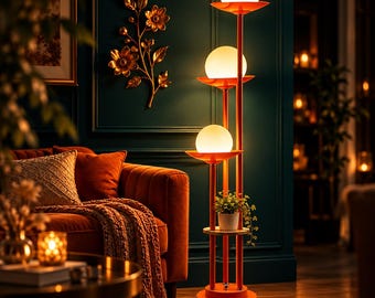 Mid-Century Modern Orange 3-Globe Floor Lamp with Shelf, Dimmable 64" Standing Lamp