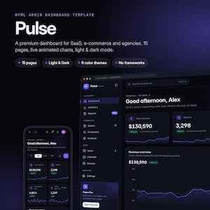 Pulse Admin Dashboard Template, 15 Pages, Dark & Light Mode (HTML CSS JS)