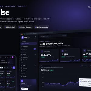 Modèle de tableau de bord d'administration Pulse, 15 pages, mode sombre et mode clair (HTML CSS JS)