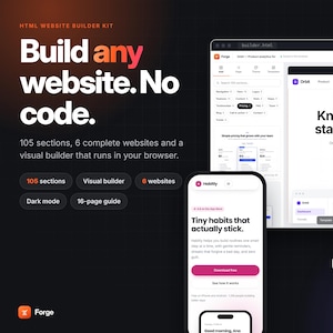 Website-Baukasten (HTML, 105 Abschnitte) + visueller No-Code-Builder