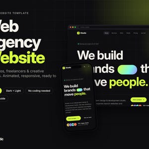 May include: A digital HTML website template for web agencies featuring a dark theme with lime green accents. The display shows a desktop interface and a mobile phone screen with the text "We build brands that move people" and "Kinetic".