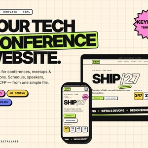 May include: A digital website template for a tech conference featuring the text SHIP/27. The layout includes a mobile phone and a desktop screen display, showcasing 11 pages for schedules, speakers, and tickets on a grid background.