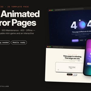 10 Animated Error Page Templates, HTML CSS JS, 404, 500, Maintenance (Digital Download)