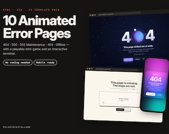 10 Animated Error Page Templates, HTML CSS JS, 404, 500, Maintenance (Digital Download)
