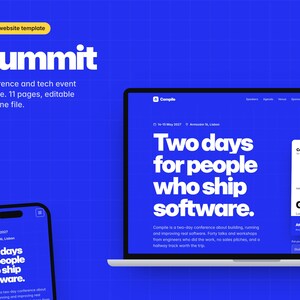 May include: A digital HTML website template titled Summit, featuring a blue background with a grid pattern. The display shows a laptop and smartphone screen with the text Two days for people who ship software and a conference badge for Giulia Ferri.