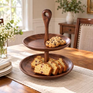 Può includere: Un'alzata a due livelli in legno con finitura marrone scuro e manico centrale. Il livello superiore contiene diversi biscotti con gocce di cioccolato, mentre il livello inferiore presenta diverse fette di pane alla frutta.
