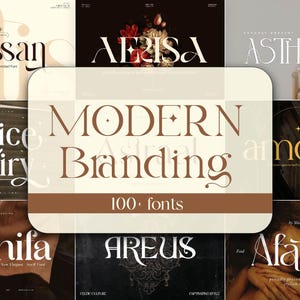 Pode incluir: Uma coleção digital de amostras tipográficas com o texto MODERN Branding 100+ fonts. A imagem exibe vários estilos de fontes serifadas com floreios decorativos, ícones de estrelas e layouts de letras elegantes em vários fundos escuros e claros.