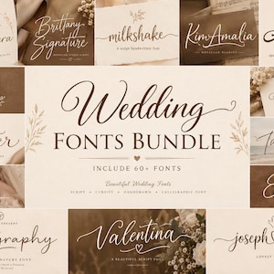 May include: A digital display of a wedding fonts bundle featuring over 60 script and calligraphy typefaces. The central text reads Wedding FONTS BUNDLE, surrounded by various font samples including Cristine Andelera, Brittany Signature, Milkshake, Kim Amalia, Authem, Calling Angels, The Darin, Butter, Take me There, Alexander Fashion, Exmouth, Autography, Valentina, and joseph&sophia.