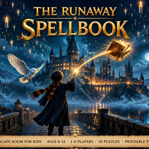 May include: A digital game titled The Runaway Spellbook featuring a person in a dark robe and striped scarf casting a spell at a flying book. The scene includes a castle, a white owl, and floating candles. Text reads: ESCAPE ROOM FOR KIDS AGES 8-12 1-6 PLAYERS 10 PUZZLES PRINTABLE PDF.