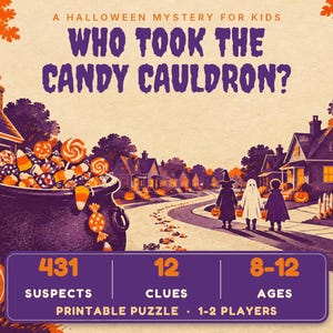 Puede incluir: Un juego de misterio de Halloween titulado Who Took The Candy Cauldron? con un gran caldero morado lleno de dulces, una calle vecinal con tres niños disfrazados y un recuadro que indica 431 sospechosos, 12 pistas y edades 8-12.