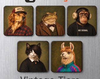 May include: A set of five square coasters featuring anthropomorphic animal portraits: a dog in a cap, a toad in a suit, a chimpanzee with headphones and a shirt reading NO SIGNAL, a cat with side-swept hair, and a llama in a colorful jacket.