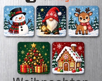 May include: A set of five square coasters featuring festive illustrations including a snowman, a gnome with a lantern, a reindeer, a decorated Christmas tree with gifts, and a gingerbread house, all set against snowy backgrounds.