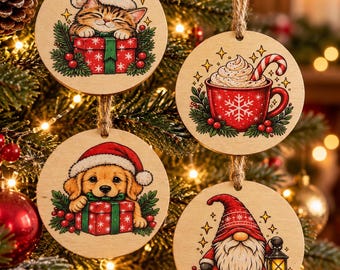 May include: Four round wooden Christmas ornaments hanging on a tree. One features a kitten in a Santa hat with a gift, another a red mug of cocoa with a candy cane, a third a puppy in a Santa hat with a gift, and the fourth a gnome with a lantern.