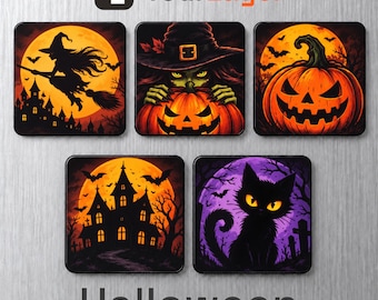 May include: A set of five square coasters featuring Halloween imagery: a witch on a broomstick, a green-skinned figure holding a pumpkin, a jack-o'-lantern, a haunted house, and a black cat. Each coaster displays vibrant orange, purple, and black colors.