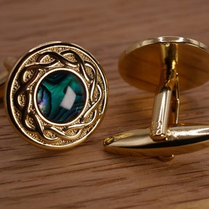 Blue Green Abalone Cufflinks Gold Celtic Fathers Day Gift for Him Wedding Dad Son Husband Boyfriend Anniversary 21 30 40 50 60 70 Birthday