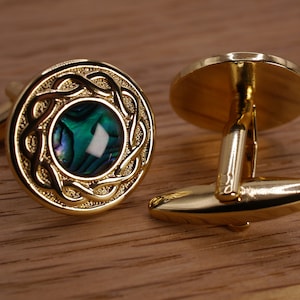 Blue Green Abalone Cufflinks Gold Celtic Fathers Day Gift for Him Wedding Dad Son Husband Boyfriend Anniversary 21 30 40 50 60 70 Birthday