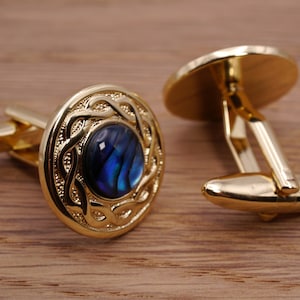 Blue Abalone Cufflinks Gold Celtic Father&#39;s Day Gift for Him Wedding Dad Son Husband Boyfriend Brother Anniversary 21 30 40 50 60 Birthday