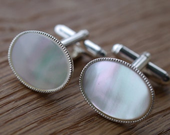 Mother of Pearl Cufflinks, Silver Plated Anniversary Gift