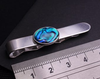 Sterling Silver Blue Abalone Tie Bar, Oval Shell, Nautical Mens Accessory