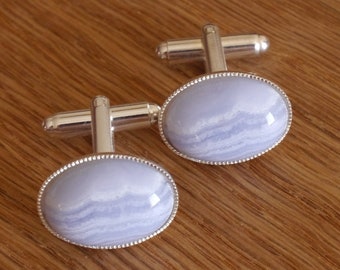 Pale Blue Cufflinks Silver Lace Agate Fathers Day 13th Wedding Anniversary Gift For Him Husband Dad Son Brother Uncle Boyfriend Birthday