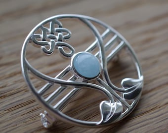 Celtic Sterling Silver Aquamarine Brooch, March Birthstone Gift
