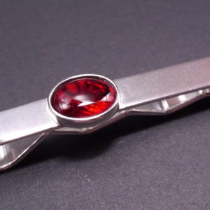 Sterling Silver Tie Bar Clip, Abalone Red Ruby Style, 40th Anniversary