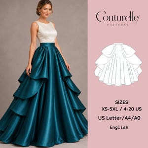 May include: A sewing pattern for a floor-length gown featuring a sleeveless cream-colored bodice and a voluminous, tiered teal skirt. The graphic includes the text Couturelle PATTERNS, SIZES XS-5XL / 4-20 US, US Letter/A4/A0, and English.