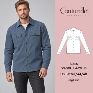 May include: A blue long-sleeve button-down shirt with two chest pockets. The image includes the text Couturelle PATTERNS, a technical line drawing of the shirt, and size information ranging from XS-5XL / 4-20 US for US Letter/A4/A0 in English.