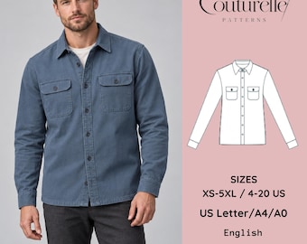 May include: A blue long-sleeve button-down shirt with two chest pockets. The image includes the text Couturelle PATTERNS, a technical line drawing of the shirt, and size information ranging from XS-5XL / 4-20 US for US Letter/A4/A0 in English.