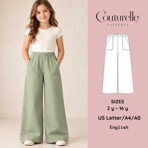 May include: A sewing pattern for wide-leg pants by Couturelle Patterns. The image shows a white t-shirt and sage green wide-leg pants with an elastic waistband and front pockets. Text includes SIZES 2 y - 16 y and US Letter/A4/A0.