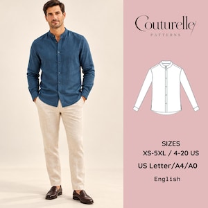 May include: A long-sleeve blue shirt with a mandarin collar and button-down front. The image includes a technical line drawing of the shirt, the text Couturelle PATTERNS, SIZES XS-5XL / 4-20 US, US Letter/A4/A0, and the word English.