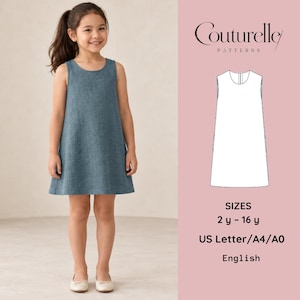 May include: A sleeveless blue A-line dress with a round neckline. The image includes the text Couturelle PATTERNS, SIZES 2 y - 16 y, US Letter/A4/A0, and English, alongside a white line drawing of the dress pattern.