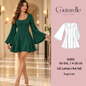 Pode incluir: Um vestido curto verde-escuro com decote redondo e mangas compridas e largas. A imagem inclui um desenho técnico do vestido, o texto Couturelle Patterns e informações de tamanho: XS-5XL / 4-20 US, US Letter/A4/A0, English.