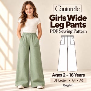 Girls Wide Leg Pants Sewing Pattern PDF, Kids Elastic Waist Trousers with Patch Pockets, Ages 2–16