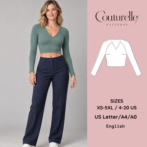 May include: A sage green long-sleeve ribbed crop top with a V-neckline, paired with navy blue trousers. The image includes a technical line drawing of the top, the text Couturelle PATTERNS, and size information XS-5XL / 4-20 US, US Letter/A4/A0.